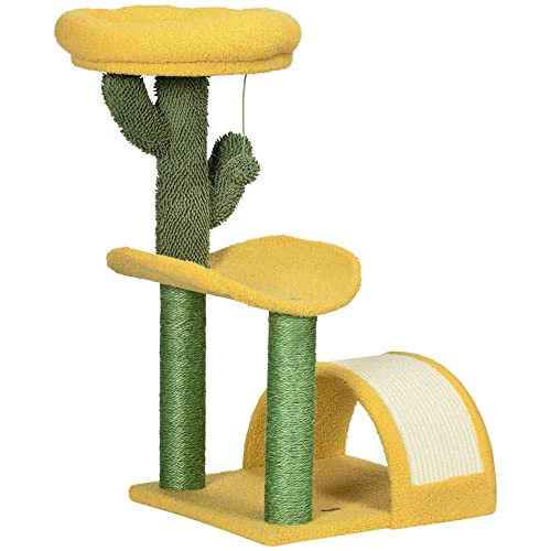 PawHut 72 cm Katzenkratzbaum 72 cm Katzenturm Kitty Activity Centre mit Sisal-Kratzbaum, Bett und hängendem Ball 40x35x72 cm Gelb von SPANISH AOSOM