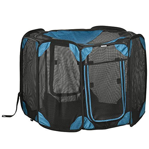 PawHut 8-Panel faltbar Hund und Katze Laufstall Haustier Laufstall mit Tragetasche Portable Indoor und Outdoor Kaninchengehege für Meerschweinchen Ø91x58 cm Blau von SPANISH AOSOM