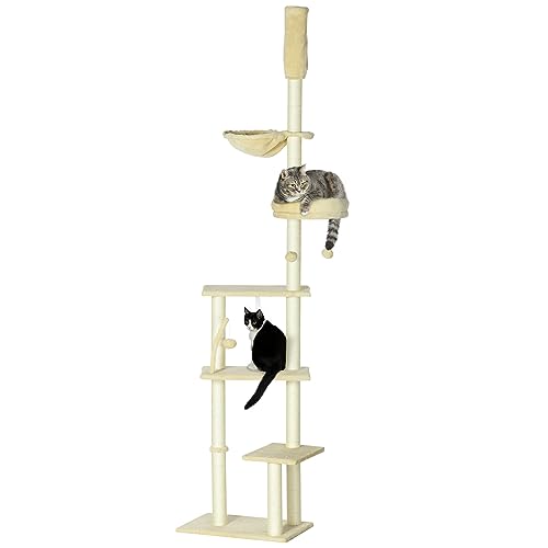 PawHut Boden bis zur Decke Kratzbaum 230-250 cm Höhe einstellbar Katze Kratzbaum mehrere Plattformen Körbe Hängematte hängende Bälle Beige von SPANISH AOSOM