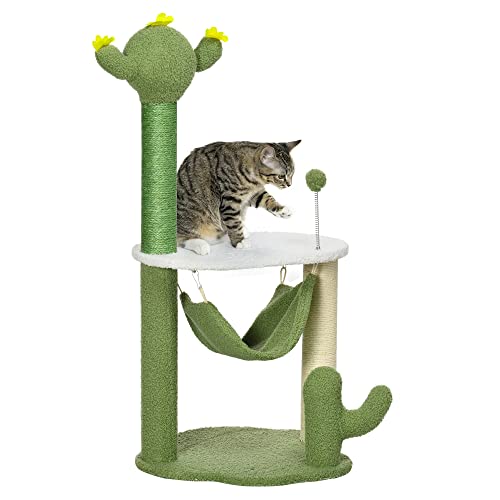 PawHut Cactus Shaped Cat Scratching Tree 90 cm hoch Katzenturm mit Hängematte Plattform Sisal Pfosten und Fun Ball 45x45x90 cm Grün von SPANISH AOSOM