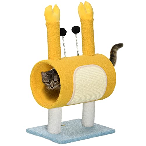 PawHut Cat Scratching Tree Katzentunnel Höhe 72 cm Krabbenförmige Pfosten Krabbenförmiger Katzenturm mit Loch und Fun Balls 40x29x72 cm Gelb von SPANISH AOSOM