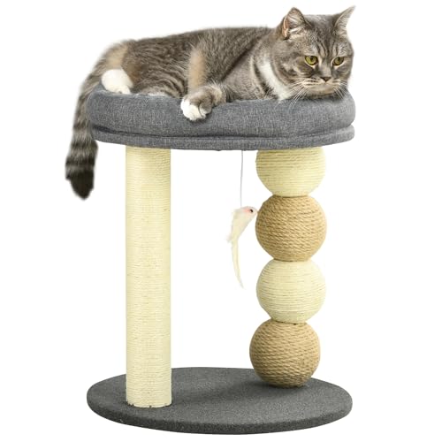 PawHut Cat Scratching Tree Kleiner Katzenturm Kitty Activity Centre mit Nest 4 Bällen und Sisalstange Belastung 15 kg Ø40x48 cm Grau und Beige von SPANISH AOSOM