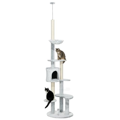 PawHut Floor to Ceiling Cat Tree 225-255 cm Höhenverstellbarer Katzenturm mit Höhlenplattformen Hängematte Kratzbäume und hängende Bälle Ø60x225-255 cm Grau von SPANISH AOSOM