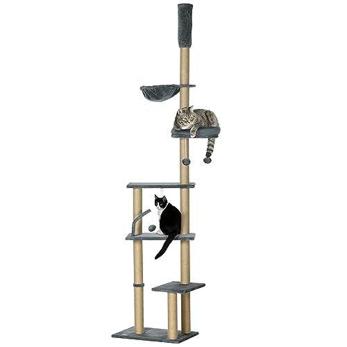 PawHut Floor to Ceiling Cat Tree 230-250 cm Kratzbaum mit Verstellbarer Höhe Mehrere Plattformen Körbe Hängematte Hängende Bälle Grau von SPANISH AOSOM