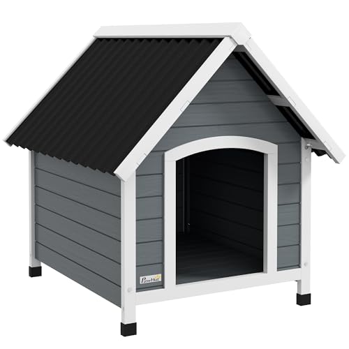 PawHut Hundehütte 75x88x82 cm Mittlere Hundehütte mit imitiertem Ziegeldach Erhöhter Boden und herausnehmbarer Boden für Hunde im Freien Grau von SPANISH AOSOM