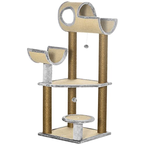 PawHut Katzenkratzbaum 122 cm Katzenkratzturm Katzenkletterturm mit Bett mehrere Plattformen hängende Bälle und Sisalpfosten 49x49x122 cm Braun von SPANISH AOSOM