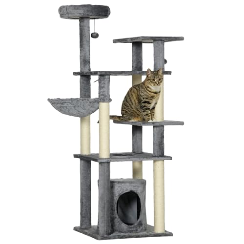 PawHut Katzenkratzbaum 144 cm Katzenkratzturm mit 4 Formen Kratzbäume Bett-Höhlen-Plattformen Hängematte und hängende Bälle 49x49x144 cm Grau von SPANISH AOSOM