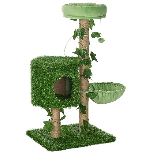 PawHut Katzenkratzbaum 91 cm Katzenkratzturm für 1-2 Katzen mit Katzenhaus Hängematte Bett Jutestange und Hängeball 50x40x91 cm Grün von SPANISH AOSOM