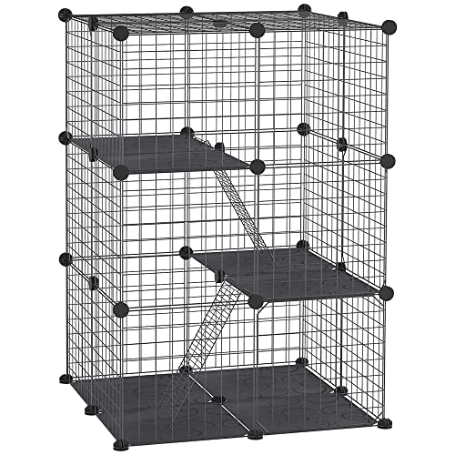 PawHut Kleintierkäfig 3 Ebenen Haustierpark mit 39 Paneelen 35x35 cm Rampen und anpassbare Form für Meerschweinchen Kaninchen Chinchillas 70x70x105 cm Schwarz von SPANISH AOSOM