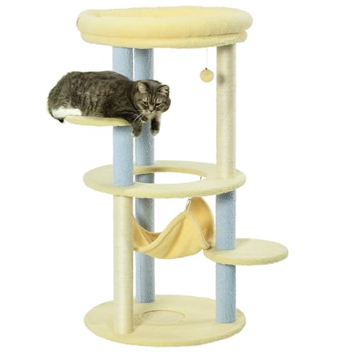 PawHut Medium Cat Scratching Tree 110 cm Katzenturm Kitty Activity Centre mit Hängematte Sisal Post und hängenden Ball Ø58x110 cm Gelb und Blau von SPANISH AOSOM