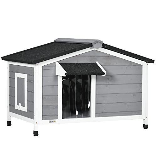 PawHut Outdoor Hundehütte aus Holz mit klappbarem Asphaltdach 2 Fenster Tür mit Vorhang und abnehmbarem Boden für drinnen und draußen 97x72x65 cm Grau von SPANISH AOSOM