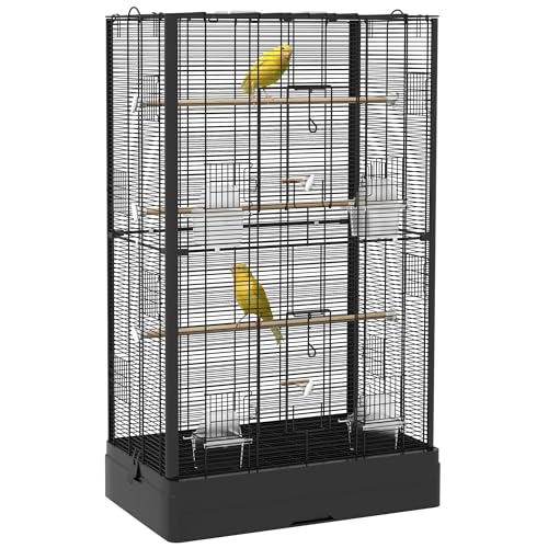 PawHut Vogelkäfig 61x36,5x98 cm Voliere mit Türen Sitzstangen Abnehmbares Tablett Futterboxen und Griffe Vogelkäfig für Nymphensittiche Wellensittiche Finken Kanarienvögel Schwarz von SPANISH AOSOM