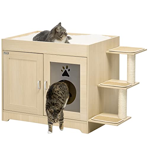 PawHut hölzerne Katzentoilette mit 2 Türen Katzentoilettenmöbel mit weichem Kissenbett 3 Plattformen und Sisalpfosten 107x54x70 cm Eiche von SPANISH AOSOM