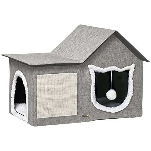 Pawhut Cat Hutch Indoor Katzenhaus Katzenhöhle Bett mit Kratzmatte weiches Kissen und hängenden Ball 65x41x45,5 cm Grau von SPANISH AOSOM