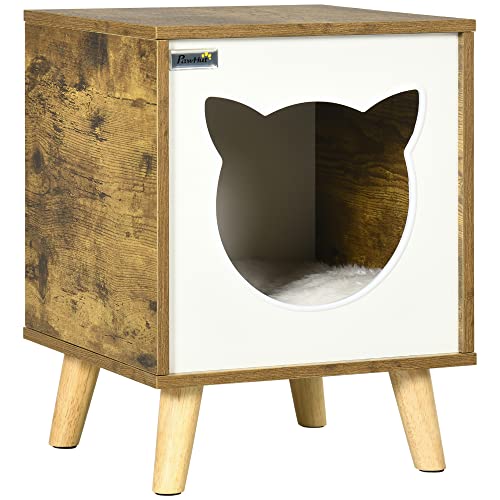 Pawhut Wooden Cat House Indoor Katzenhaus Indoor Katzenauslauf mit waschbarem Kissen und erhöhten Pfoten 34x34x44,5 cm Braun von SPANISH AOSOM