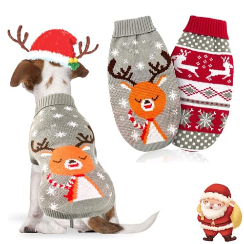 SPERMUOY Hundepullover Weihnachten,2 Stück Strickpullover Welpe Weihnachten,Hund Winter Warmer Hund Weihnachtspullover,Hund Weihnachtspullover warme für Kleine Hunde und Katzen-L von SPERMUOY