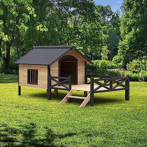 Hundehütte aus Holz für den Außenbereich, geräumige Veranda, Holz, Haustierhütte mit Belüftungsfenster, Zaunbereich, Winddicht, wasserdicht von SPOFLYINN