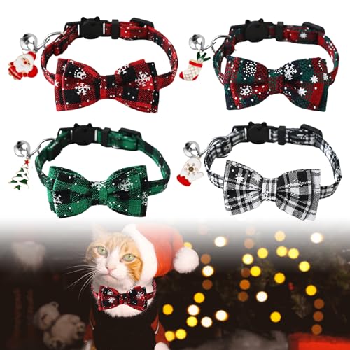 SPORWAY 4 Stück Weihnachtliches Katzenhalsband, Weihnachtshals Katzenhalsbänder, Pet Weihnachten Hundehalsband, Abnehmbare Katzenbänder Mit Schleife Und Glocken, Halsband für Kleine Hunde und Katzen von SPORWAY