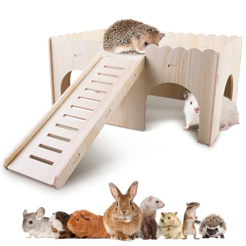 SPORWAY Groß Meerschweinchen Haus mit Rampe 4 Eingänge: 38 x 24 x 24 cm Hölzerne Kaninchen Burg, Meerschweinchen Zubehoer Kaninchenhaus, Meerschweinchenschloss Naturbelassenes Massivholz für Ratte von SPORWAY