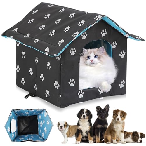 SPORWAY Katzenhaus Für Draußen Winterfest: Wasserdicht Und Warm Faltbare Pet Tierheim Mit Abnehmbarem Kissen, Haustierhaus im Freien für Kleine Hund Katze, Streuner Haustiere (Schwarz, 40x38x35cm) von SPORWAY