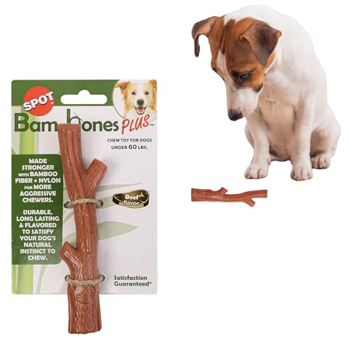 SPOT Bam-bones Plus Ast, Bambusfaser und Nylon, langlebig, für aggressive Kauer, tolles Spielzeug für erwachsene Hunde und zahnende Welpen unter 27 kg, splitterfrei, 14,6 cm, Rindfleischgeschmack von SPOT