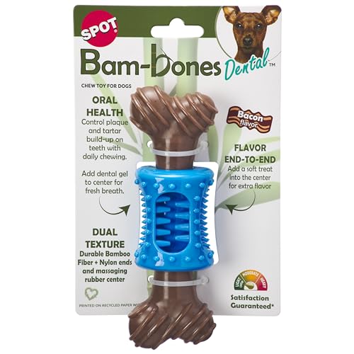 SPOT Bam-Bones Plus Zahnkauknochen – Bambusfaser und Nylon mit Massage-Gummi-Zentrum, langlebig, Mundpflege, Hundekauspielzeug für aggressive Kauer und zahnende Welpen, 16,5 cm, Speckgeschmack von SPOT