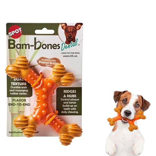 SPOT by Ethical Products - Bambone Dental - X Bone Langlebiges Hunde-Kauspielzeug für Aggressive Kauer - Tolles Hunde-Kauspielzeug für Welpen und Hunde Hundespielzeug - Klein - Erdnussbutter Medium von SPOT