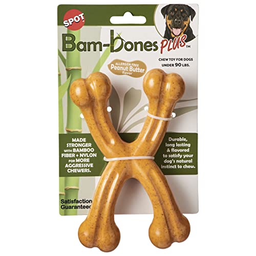 SPOT Bam-bones Plus Doppelquerlenker, Bambusfaser und Nylon, langlebig, für aggressive Kauer für Hunde und Welpen unter 40,8 kg, splitterfrei, 17,8 cm, allergenfrei, Erdnussbuttergeschmack von SPOT