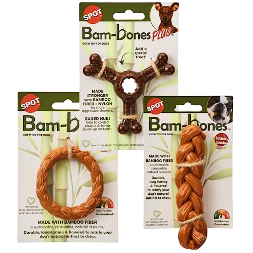 SPOT by Ethical Products Hundespielzeug aus Bambusfaser, geflochtener Stab und geflochtener Ring, Hickory-Geschmack, dreifaches Kauspielzeug mit Bison-Geschmack, langlebige Bambusfaser, Kauspielzeug von SPOT