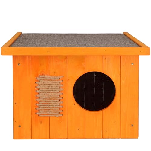 SPRINGOS Katzenhaus aus Holz Outdoor Katzenhütte 49,5 x 58 x 36 cm Holzhaus Katzenhaus Outdoor Katzenkratzer Vorhang mit Lamellen Flachdach Wetterfest Isolierte Wände Winterfest Isoliert von SPRINGOS