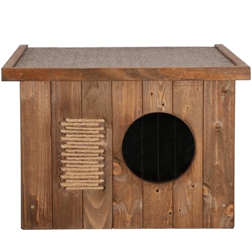 SPRINGOS Katzenhaus aus Holz Outdoor Katzenhütte 49,5 x 58 x 36 cm Holzhaus katzenhaus Outdoor Katzenkratzer Tür mit Lamellen Flachdach Wetterfest Isolierte Wände Winterfest isoliert von SPRINGOS