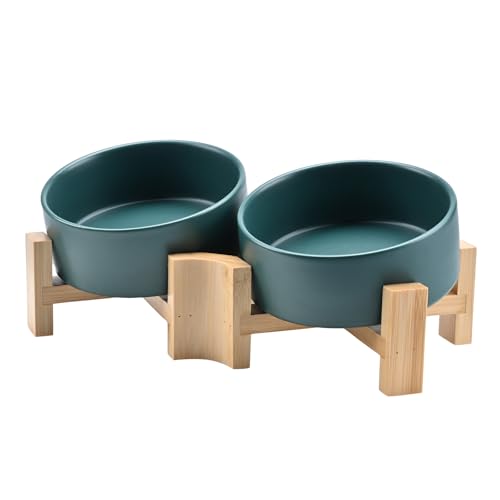 SPUNKYJUNKY 15° Kippbare Keramik Hundenapf mit Holzständer Futter und Wassernapf rutschfest für Hunde und Katzen mit Flachen Gesichtern Kleinen und Mittelgroßen Hunden (400ml × 2, Grün) von SPUNKYJUNKY