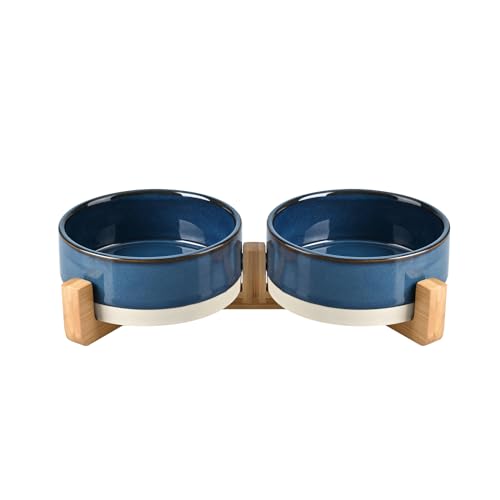 SPUNKYJUNKY Keramik Hund und Katze Schüssel Set mit Holzständer, Modern Cute Weighted Food Water Bowl Set für kleine Größe Hunde (1,7 Tassen, 2 × Muster Blau) von SPUNKYJUNKY