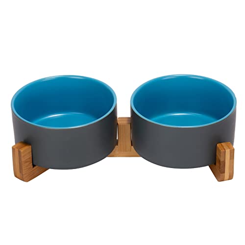 SPUNKYJUNKY Keramik-Hunden- und Katzennapf-Set mit Holzständer, modernes süßes gewichtetes Futterwasser-Set für kleine Hunde (383 ml) und mittelgroße Hunde (813 ml) und Katzen (3,6 Tassen, 2 × von SPUNKYJUNKY