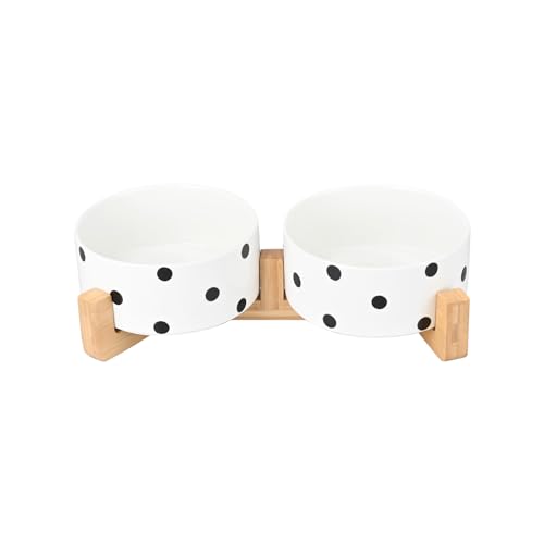 SPUNKYJUNKY Keramiknapf-Set für Hunde und Katzen, mit Holzständer, modernes niedliches gewichtetes Futternapf-Set für mittelgroße Hunde (3,6 Tassen, 2 × Polka Dot-Weiß) von SPUNKYJUNKY