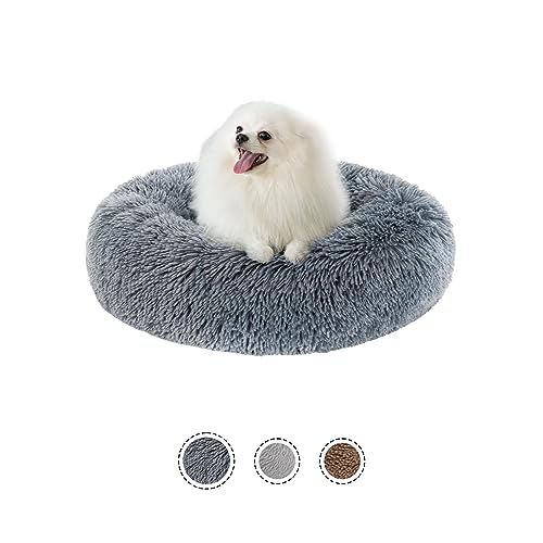 SPUNKYJUNKY Hundebett mit waschbarem Bezug Hundekissen Rund Hundekorb Hundesofa Flauschiges Haustierbett mit Langem Plüsch und Anti Rutsch Boden (60cm, Dunkelgrau) von SPUNKYJUNKY