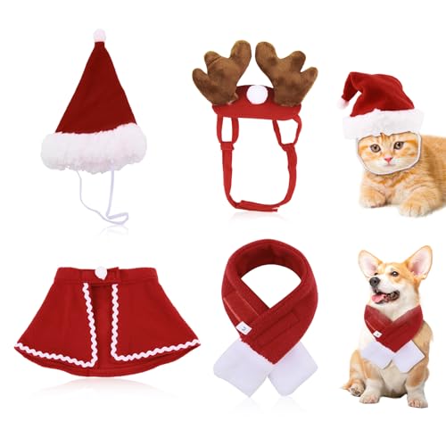 Weihnachtskostüm Katzen Hundebekleidung 4PCS Katzen Kostüme Weihnachtskostüm Weihnachtsmann Mütze, Schal, Geweih, Mütze Kostüme für Hunde Katzen Weihnachten von SRLWMYI