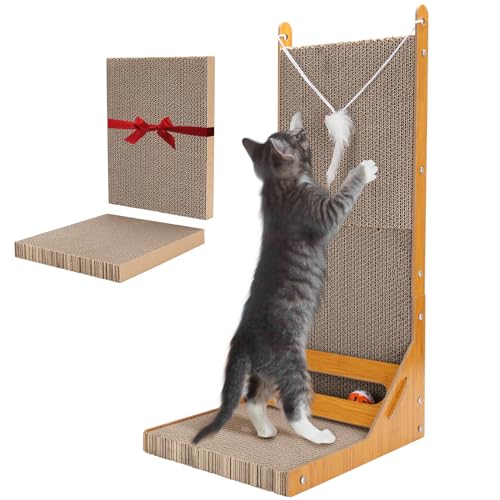 L Shape Cat Scratcher with Refills, Cat Scratching Board Scratch Pad Wall Mounted for Indoor Cats, Cardboard Cat Scratcher with Ball Toy Mouse Dangler Replacement Cardboard for Protecting Furniture von SSAWcasa