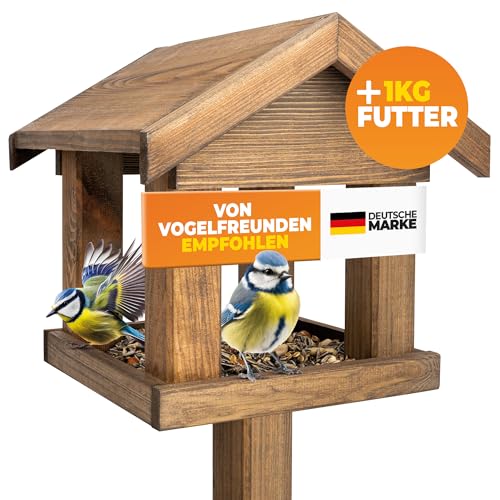 STAHLMANN® Vogelhaus [FÜR ALLE VOGELARTEN] - inkl. 1 KG Vogelfutter - Vogelhaus mit Ständer wetterfest & langlebig - sicheres Futterhaus für Vögel 1,2m hoch (kippsicher) von STAHLMANN