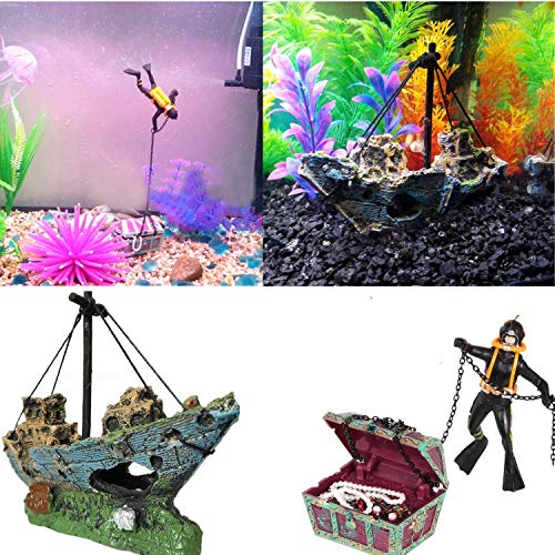 Aquarium Dekoration Schiff + Aquarium Taucher, Corsair Schiff Versunkene Boot Segelschiff, Aquarium Ornament Taucher Unterwasser Treasure Chest Schatzkiste Aquarium Zubehoer Deko für Fisch Schildkröte von bangminda