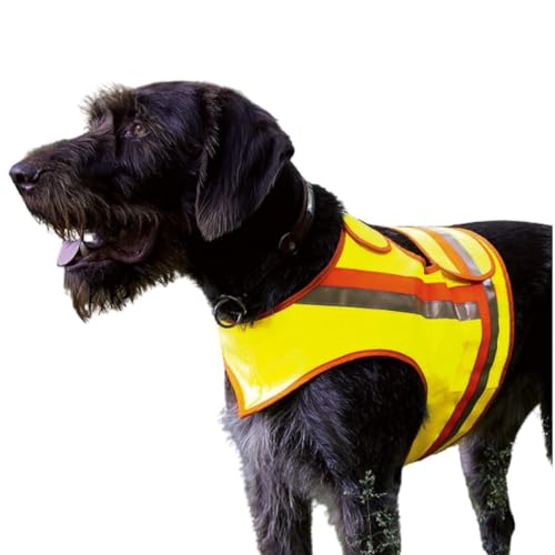 Hunde Signal Reflektor Warnweste für Drückjagd, Treibjagd, Straßenverkehr, sowie Spaziergänge bei Dunkelheit in Gelb Orange mit Reflektions-Streifen (M) von STEIGER