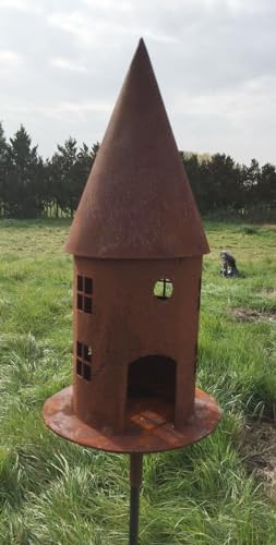 Vogelhaus H45cm + Stab Gartenstecker Futterhaus zum Beleuchten Windlicht Teelicht Futterhaus Edelrost Gartendeko Metall Rost von STEINFIGURENWELT GIEBEN