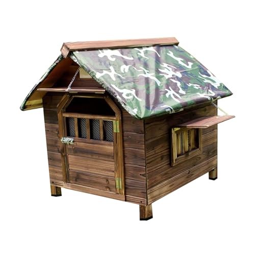 Hölzerne Hundehütte im Freien mit Fenstertür, Welpenkäfig, karbonisiertes Tannenholz, wetterfeste Hundebox, Haustierhütte, ideal for kleine, mittlere und große Haustiere(Size:Large) von STEPHM