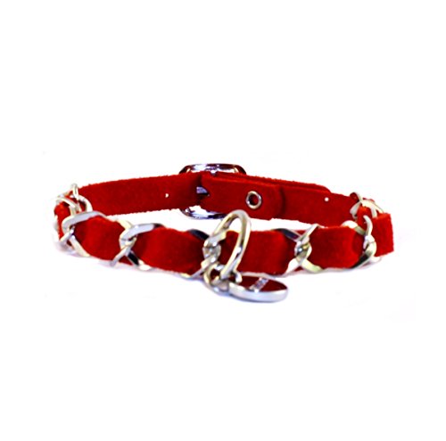 Halsband Silver Chain ONLY, Halsband für kleine Hunde, Lederhalsband, sehr weiches Wildleder Farbe rot, Größe 35 von STILHUND