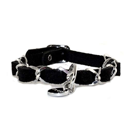 Halsband Silver Chain ONLY, Halsband für kleine Hunde, Lederhalsband, sehr weiches Wildleder Farbe schwarz, Größe 30 von STILHUND