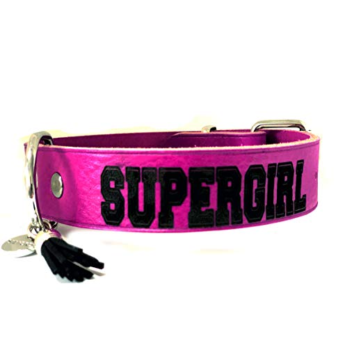 STILHUND Hundehalsband Supergirl, Lederhalsband, Dickleder, Gravur, Bezaubernde Nieten, für Mädchen, pink Größe 50 von STILHUND