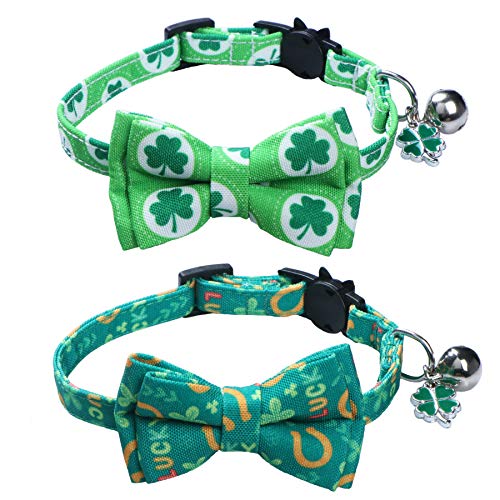 STMK 2 Stück St. Patrick's Day Katzenhalsbänder mit Fliege und Glöckchen und Kleeblatt, verstellbare Kleeblatt-Katzenhalsbänder mit Fliege und Glöckchen für Katzen und Kätzchen von STMK