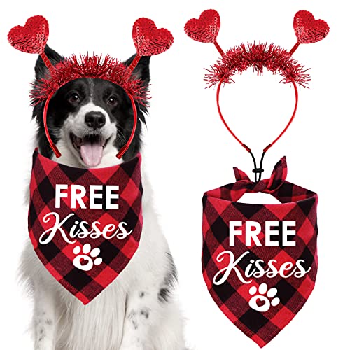 STMK 2 Stück Valentinstag Hund Bandana Outfits, Valentinstag Herz Stirnband Plaid Valentinstag Hund Bandanas Kostüme für kleine mittelgroße große Hunde Valentinstag Kostüme (Free Kisses) von STMK