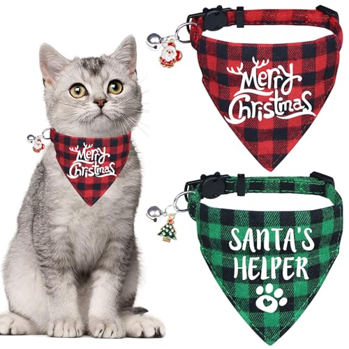 STMK 2 Stück Weihnachten Katze Bandana Halsband mit Glocke, Breakaway Urlaub Katze Kätzchen Bandana Halsband mit Glocke Santa Weihnachtsbaum für Weihnachten Katzen Kostüme Outfits (Merry Christmas & von STMK