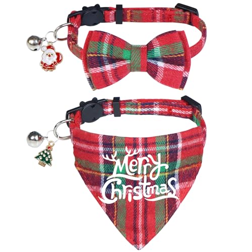 STMK 2 Stück Weihnachten Katze Bandana Halsband mit Glocke, Breakaway Urlaub Katze Kätzchen Bandana Halsband mit Glocke Weihnachtsmann Weihnachtsbaum für Weihnachten Katzen Kostüme Outfits (Fliege und von STMK